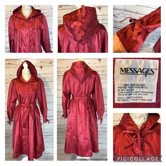 1990s Messages Red Iridescent Hooded Taffeta Belted Coat Made in Hong Kong M - Picture 13 of 13